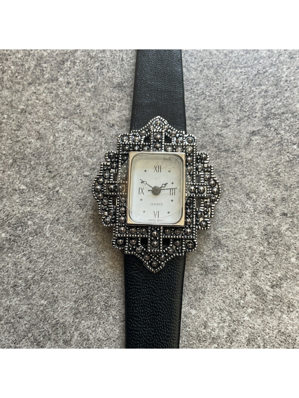 Beautiful Vintage Avon Watch Women Silver Tone Marcasite Black Leather Band B-X